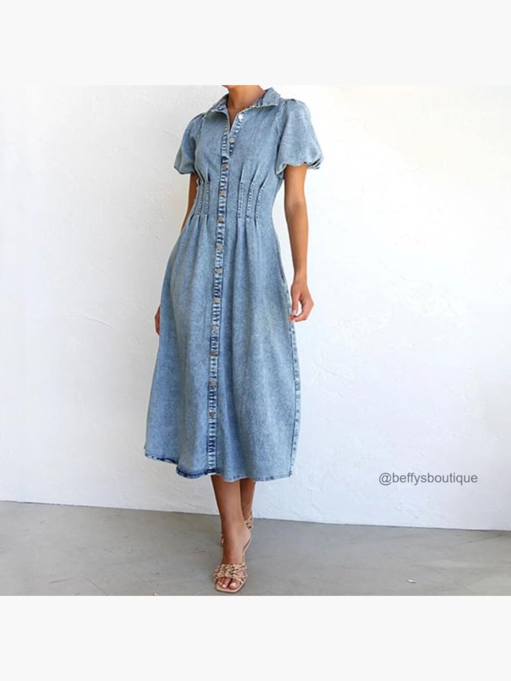 Women's Long Denim Dress Puff Sleeve Button Down Casual Slim Fit Midi Jean - Picture 5 of 7